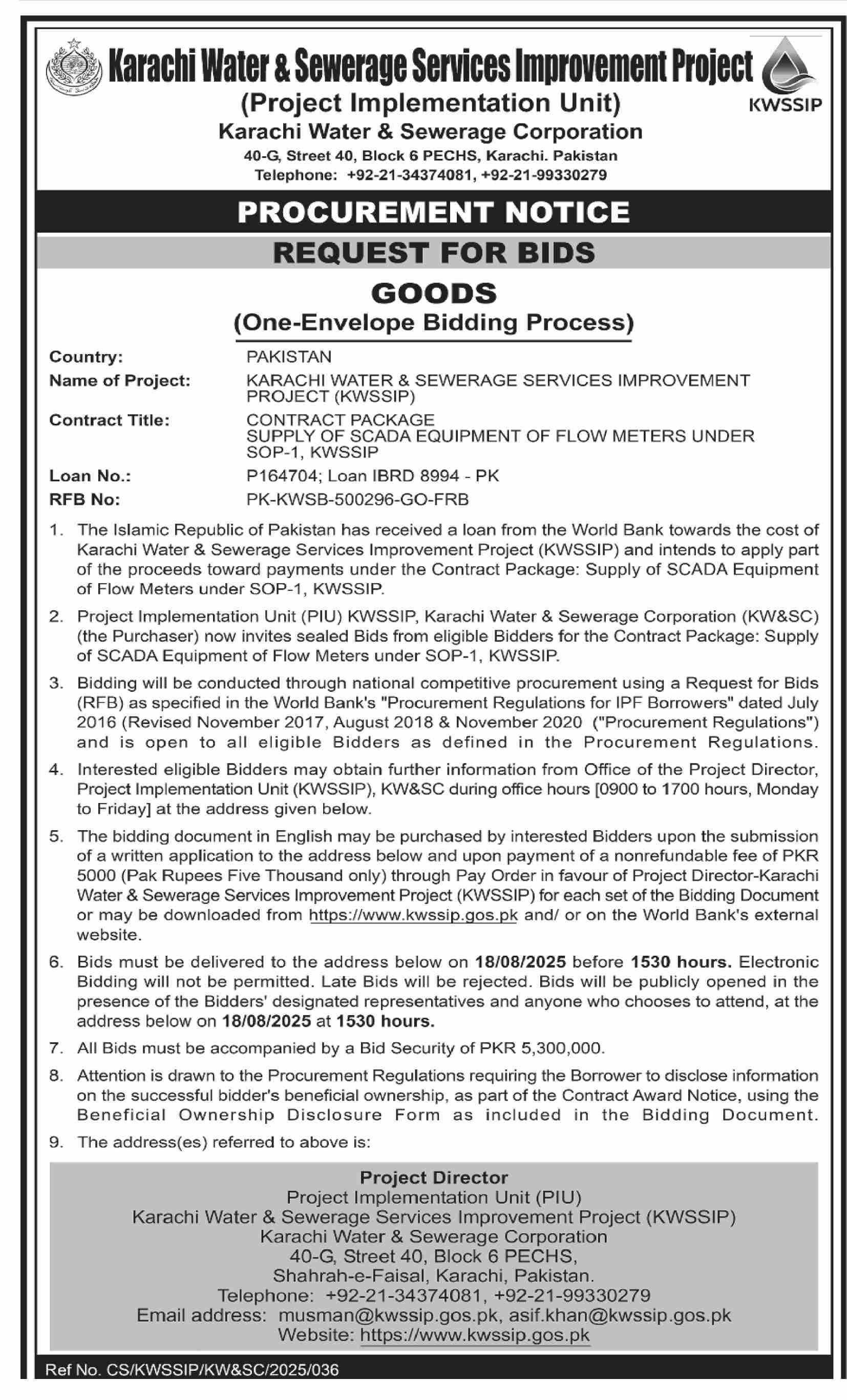 Karachi Waste & Sewerage Corporation Tender Notice